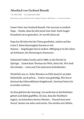 Erste Seite einer Trauerrede für einen Vater: Name, Lebensdaten, Sprechdauer und der Anfang der Rede in großer Schrift