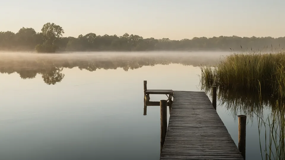 Stiller See im Morgennebel mit einem alten Holzsteg, Schilf am Ufer und weichem Licht am Horizont.